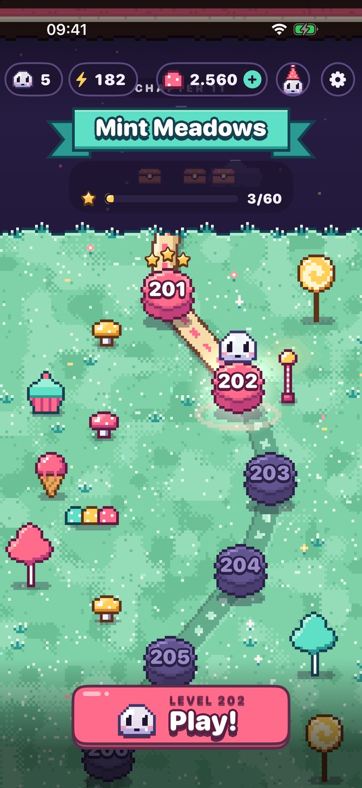 The Mint Meadows map with level stops along a candy path and a Play button for level 202.