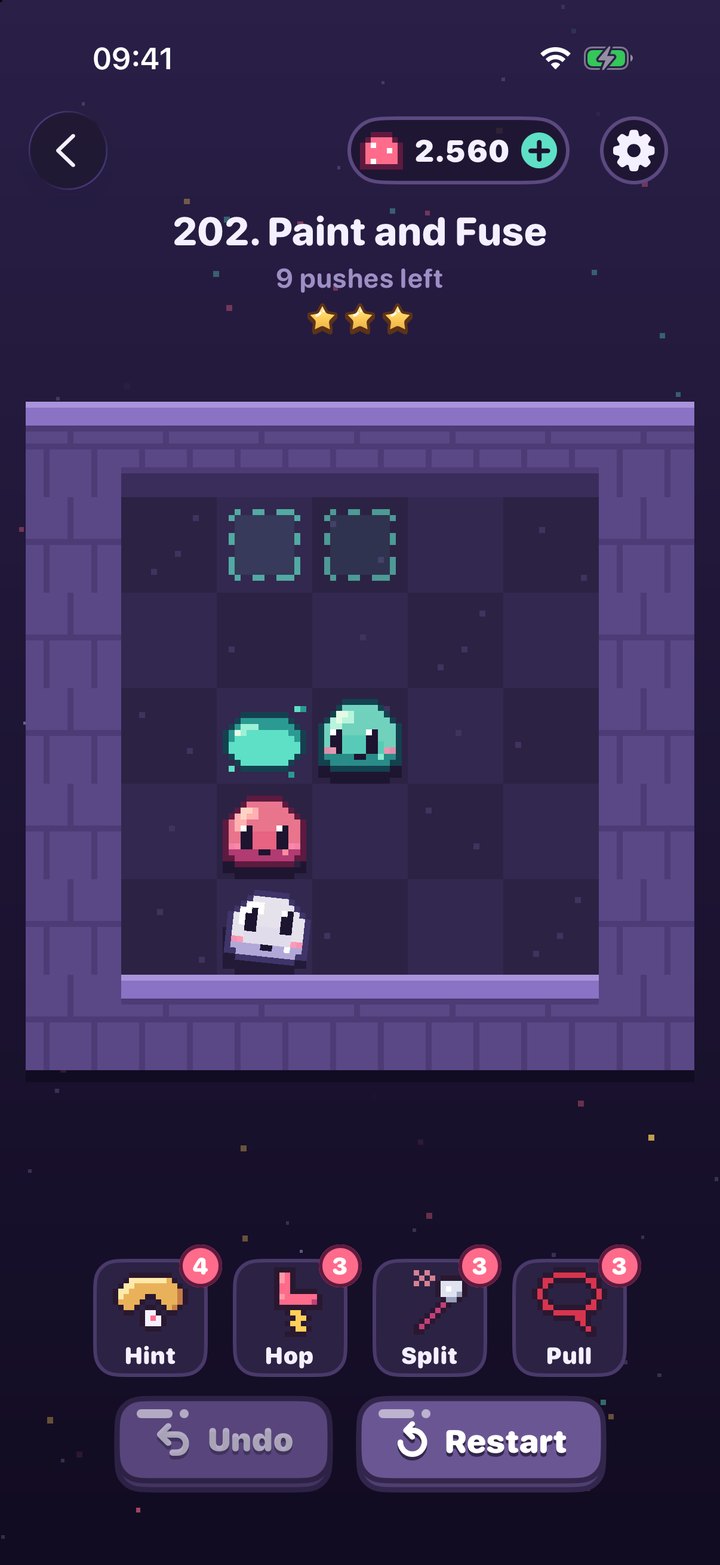 Level 202, Paint and Fuse: the blob behind a pink jelly, with a paint puddle, a mint jelly, and two mint goal spots.