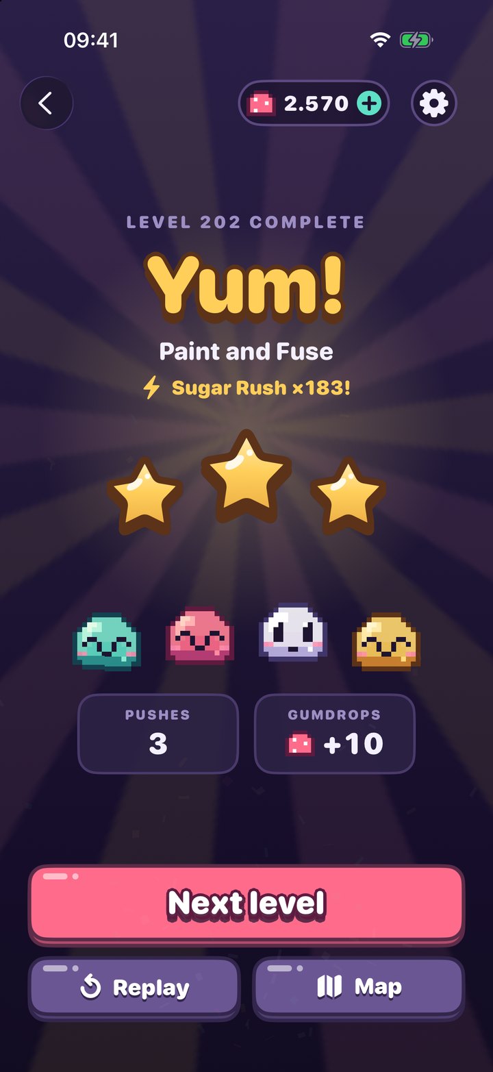 The Yum! screen after solving Paint and Fuse in 3 pushes, with three stars and +10 Gumdrops.